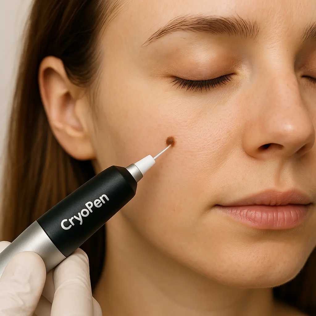 woman receiving facial mole removal Sudbury using cryopen
